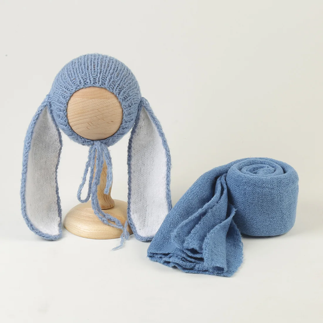 Stricken Stretch Wrap und große Ohren Bunny Bonnet Set Neugeborenen Fotografie Requisiten weiche Baby Kaninchen Hut Fotografie Zubehör Image