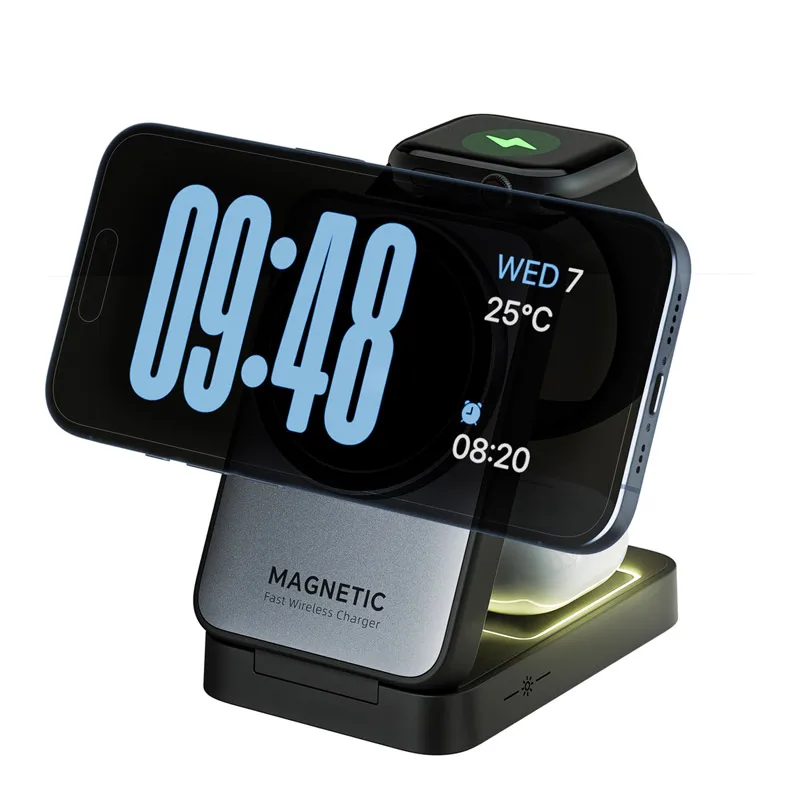 Faltbarer 3-in-1 magnetischer kabelloser Ladeständer für Magsafe iPhone 15 14 13 12 Apple Watch 2-8 Airpods Pro Schnellladestation Image