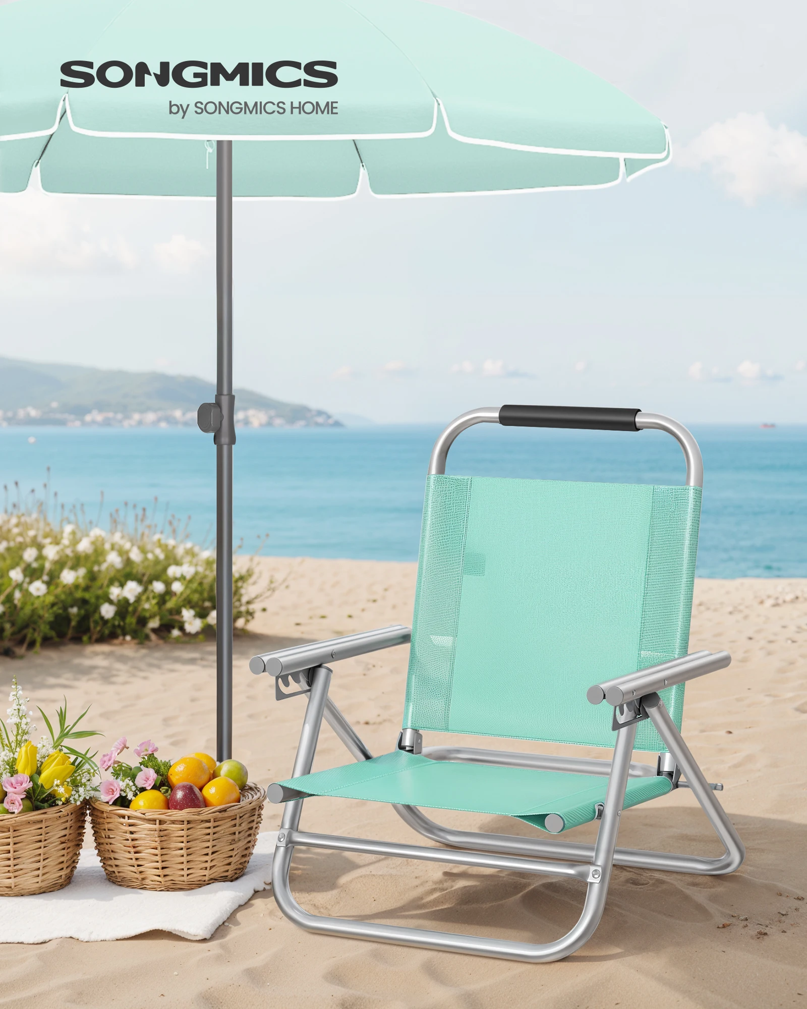 SONGMICS Strandstuhl mit Armlehnen Tragbarer Klappstuhl Rückenlehne 4-stufig verstellbar