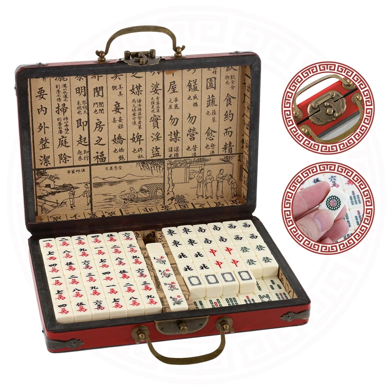 144 Spielsteine Mini chinesisches nummeriertes Mahjong-Set mit antiken Aufbewahrungsbox, chinesisches traditionelles Mahjong-Familien-Tischspiel, Freizeit Image