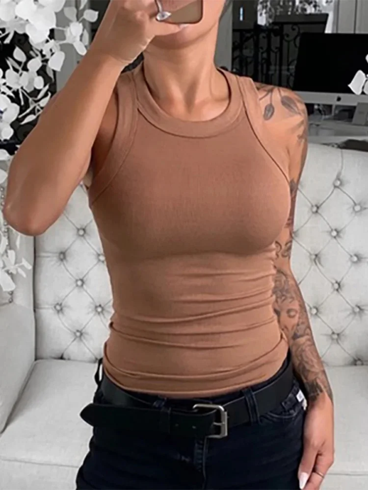 Frauen Solide Rundhals Rippen Tank Top Leibchen Frauen Sommer Grundlegende Elastische Tank Top O Neck Solide Tank Top Image