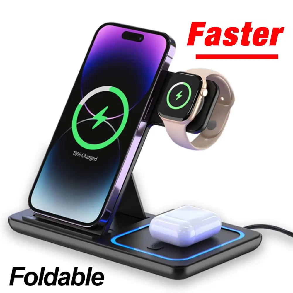 3-in-1 faltbare kabellose Ladestation für iPhone 17 16 15 14 13 12 Pro Max, iWatch Ultra, AirPods Pro – schneller Ladeständer/Dock Image