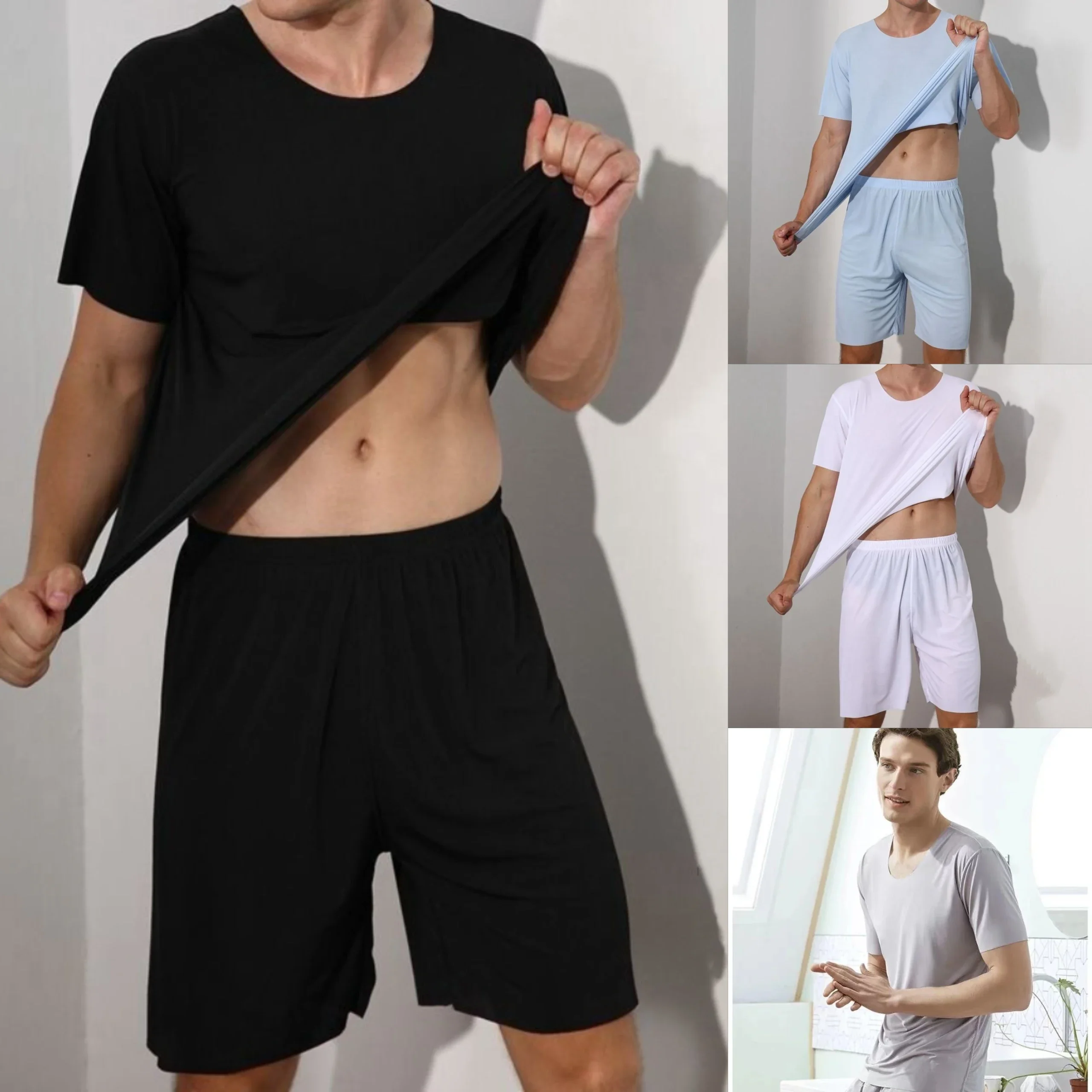 Zweiteiliger Herren-Pyjama aus Eisseide, Loungewear-Pyjama für Herren in Übergröße, Heim-Set, Sommer-Pyjama aus dünnem Modal mit kurzen Ärmeln Image