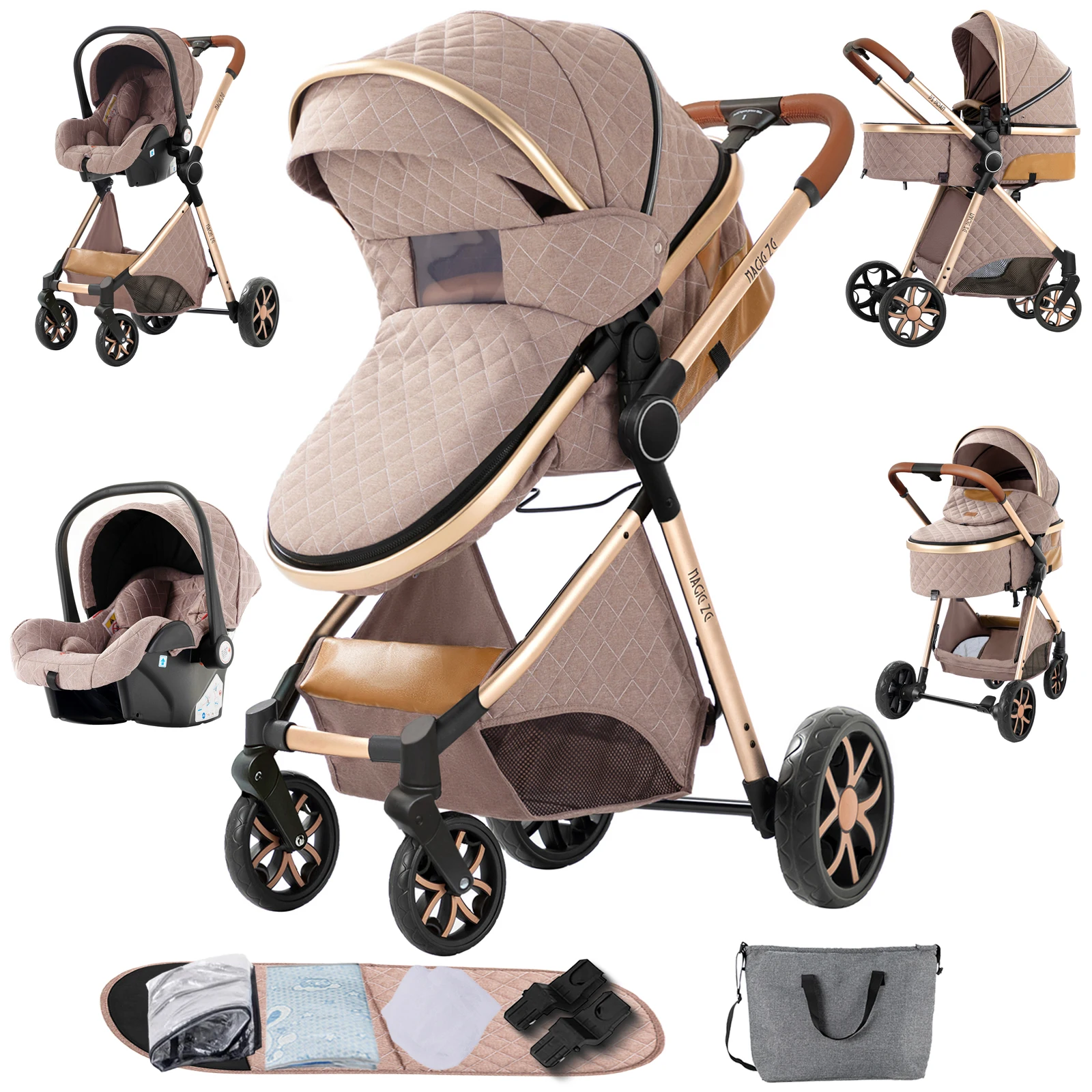 Warmer 3-in-1-Kinderwagen mit Autogriff, luxuriöser Kinderwagen mit hoher Landschaft, leichter Folk-Reisewagen für Kinderwagen Image