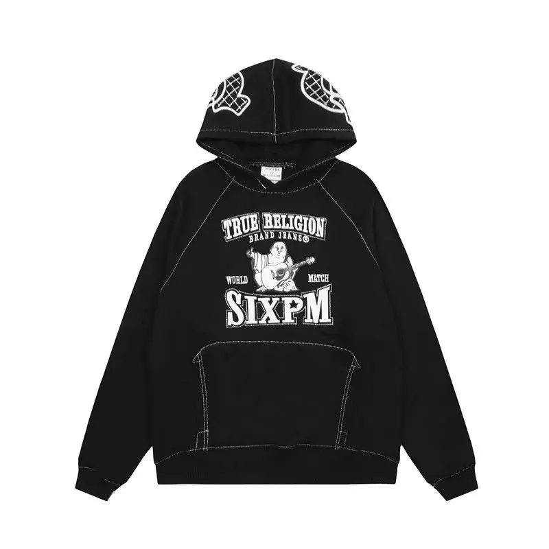 Gestickter Baumwoll-Hoodie für Herren, Vintage-Stil, Hip-Hop-Streetwear, übergroßes Pullover-Sweatshirt, Damen, Unisex, lässig, mit Kapuze, locker, Schwarz