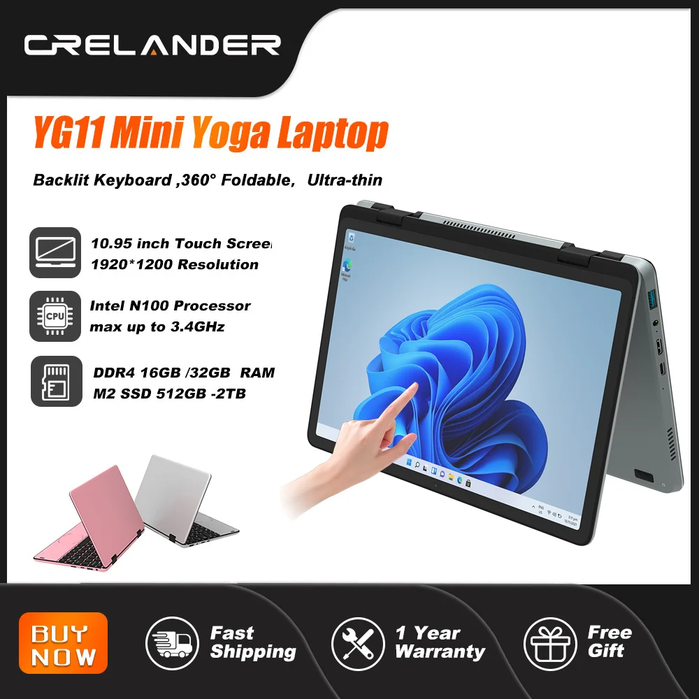 CRELANDER Mini-Laptop 10,95 Zoll Touchscreen Intel N100 CPU Windows 11 512 GB M2 SSD 2 IN 1 Notebook Pocket PC Tablet Yoga Laptops Image