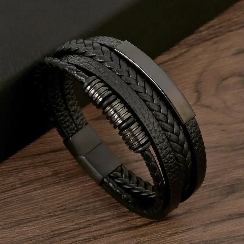 Punk Männer Leder armband mit Edelstahl Magnet verschluss geflochten mehr schicht ige Leder verpackung Armreifen Mann Schmuck Geschenk Image