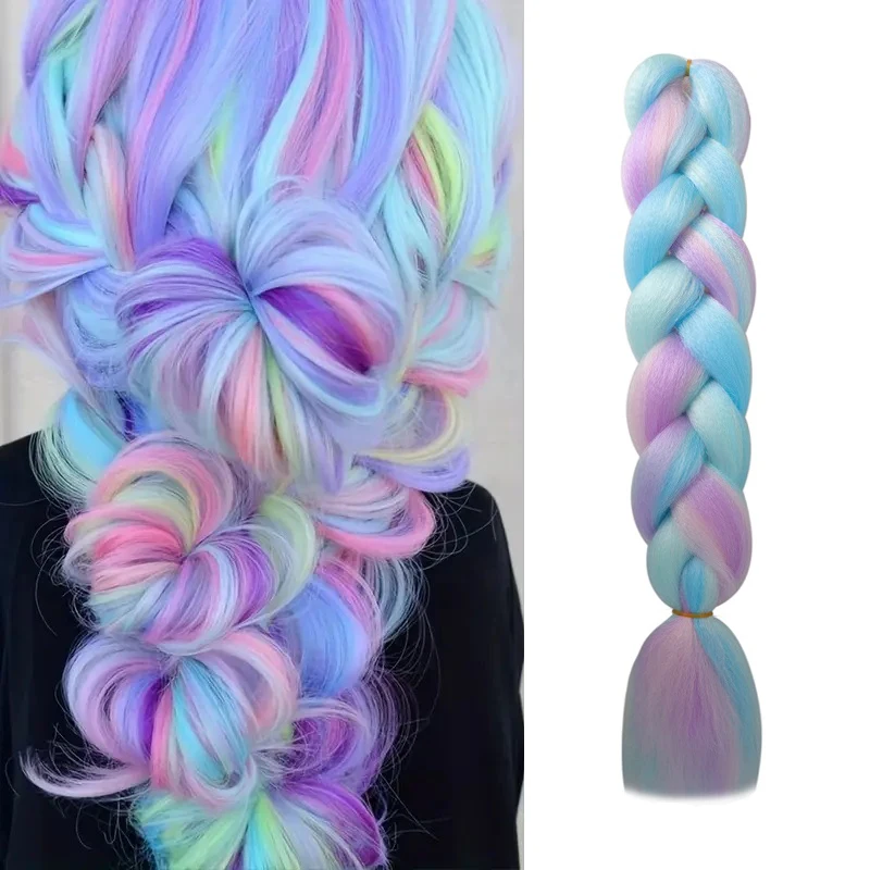 24 Zoll synthetische lange Zopf-Haarverlängerung, Jumbo-Haar, Ombre, mehrere Regenbogen-Farbmischung, Häkelhaar für Frauen Image
