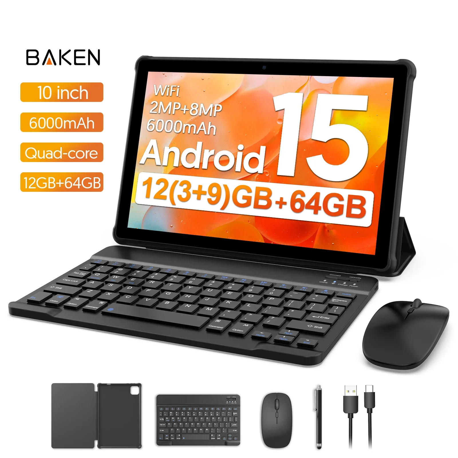 BAKEN Android 15-Tablet, 10 Zoll, 12 (3+9) GB RAM + 64 GB ROM, Quad-Core, 6000-mAh-Akku, inklusive kostenloser Schutzhülle Image