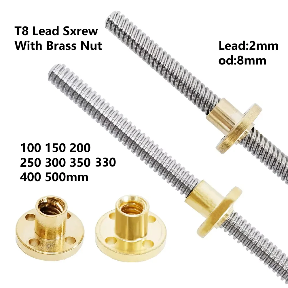 T8-Leitspindel mit Mutter, Außendurchmesser 8 mm, Steigung 2 mm, Steigung 2 mm, 100 mm, 200 mm, 300 mm, 400 mm, 500 mm Leitspindel mit Messingmutter, Reprap 3D-Drucker-Teile Image
