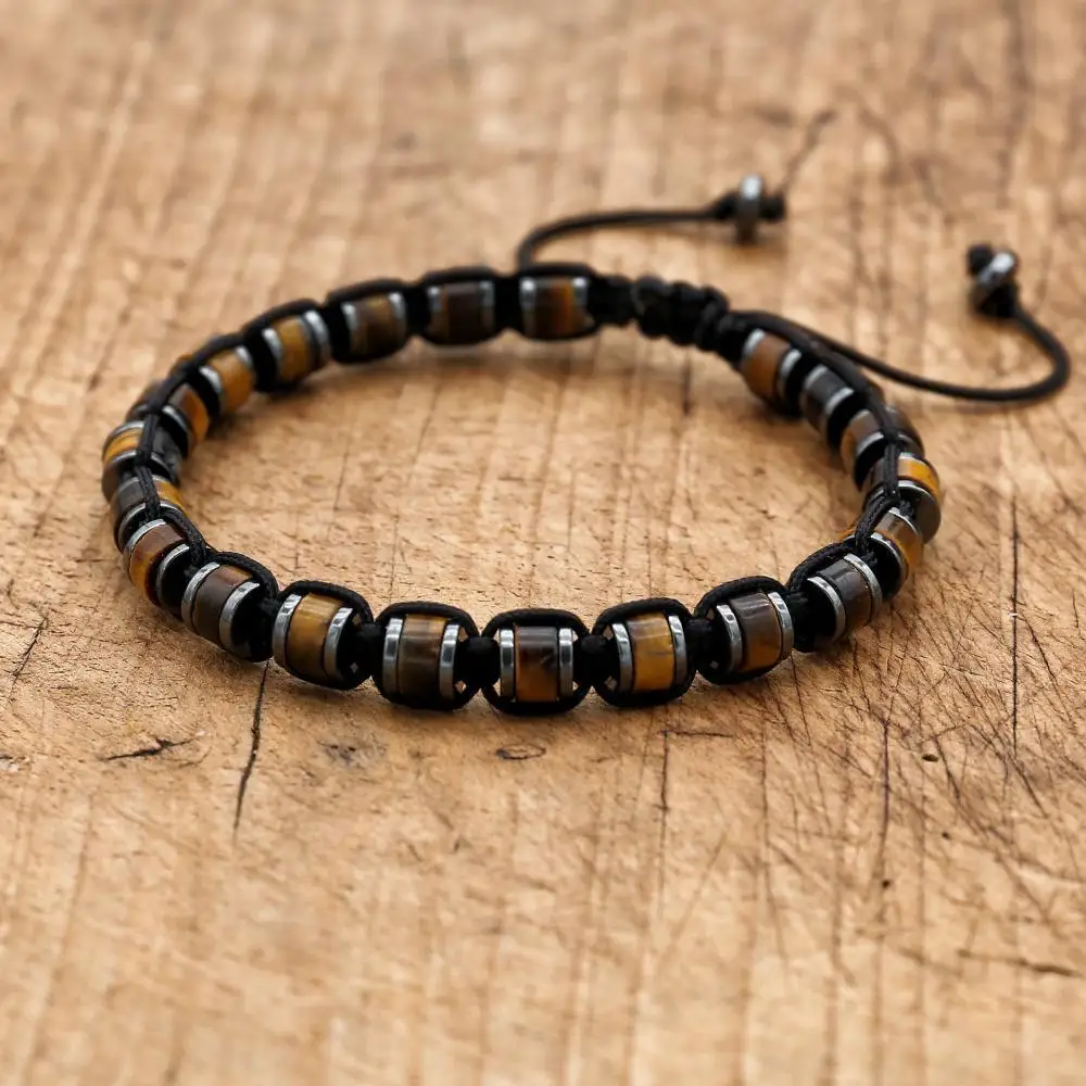 Handgefertigter Herrenschmuck, Tigerauge-Stein, Hämatit, geflochtenes Armband, Charm-Armband für Paare Image