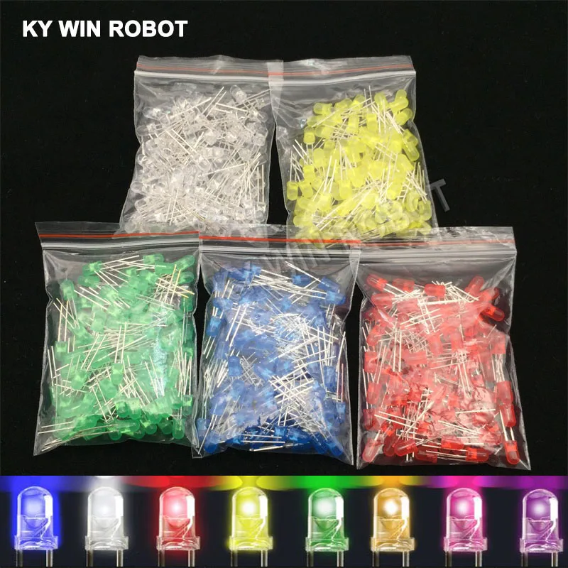 100 Stück 5 mm LED-Dioden 5 mm sortiertes Kit Weiß Grün Rot Blau Gelb Orange Rosa Lila Warmweiß DIY Leuchtdiode Image