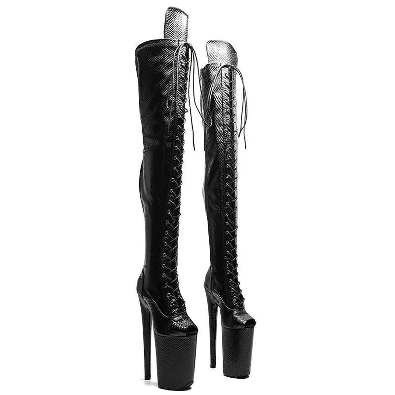 Leecabe 23 cm/9 Zoll Schlangen-PU-Obermaterial mit offener Spitze, modischer Trend-Plattform, hoher Absatz, Stripper-Absatz, Pole-Dance-Stiefel