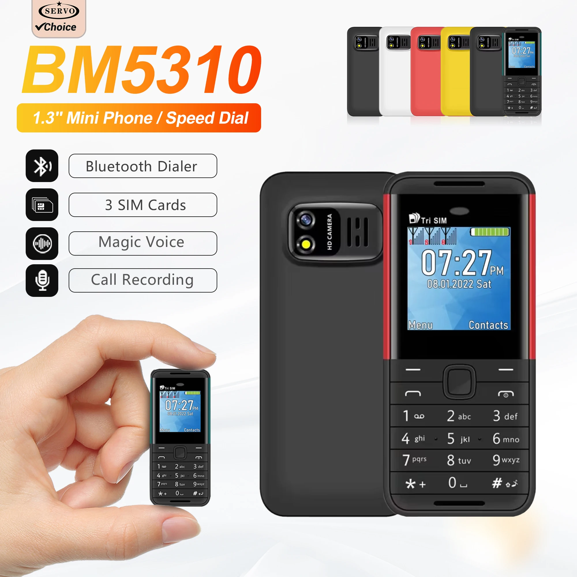 SERVO BM5310 Mini-Tasten-Telefon, 3, SIM-Karte, Bluetooth-Dialer, magische Stimme, kleines Mobiltelefon, Anrufaufzeichnung, geringe Strahlung, FM-Radio, MP4