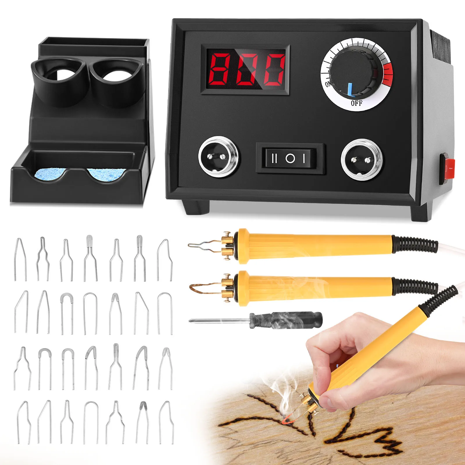 60W Pyrographie-Gerät, Holzbrenner-Pyrographie-Stift-Set, Elektrisches Holzbrennwerkzeug mit 30 Pyrographie-Drahtspitzen, 2 Stifte für Holz Image