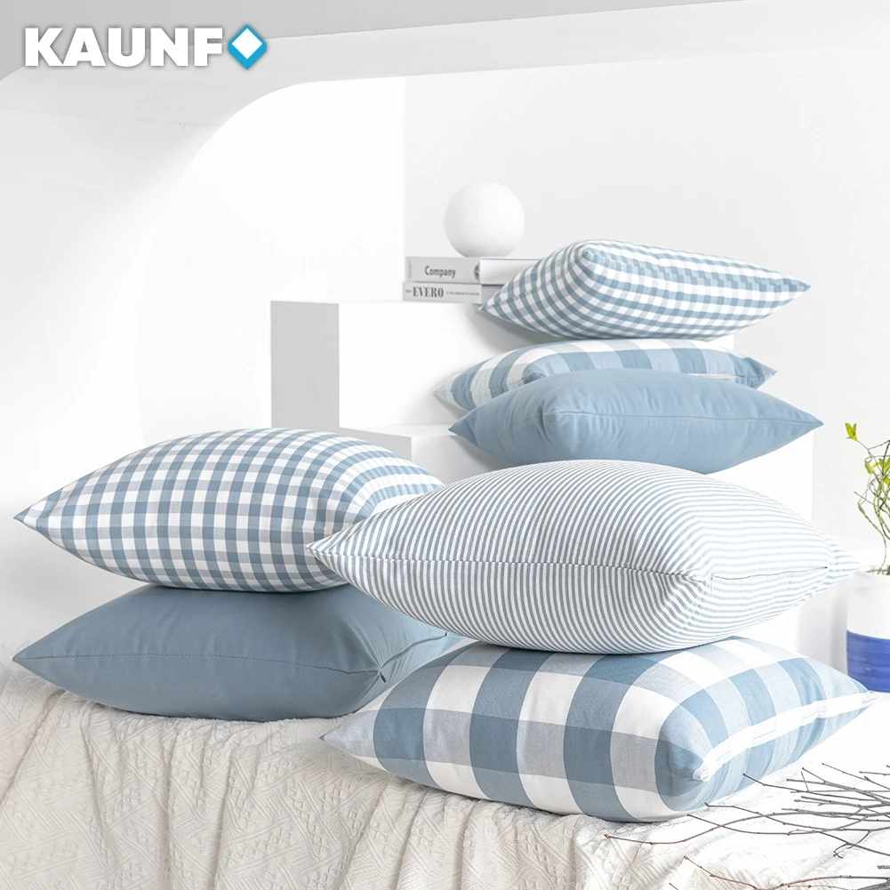 Plaid gestreifter Polyester-Baumwoll-Canvas-Kissenbezug, Kissenbezug, hellblau, Stuhl, Sofa, Heimdekoration, Überwurf-Kissenbezug, 30 x 50/45 x 45 cm Image