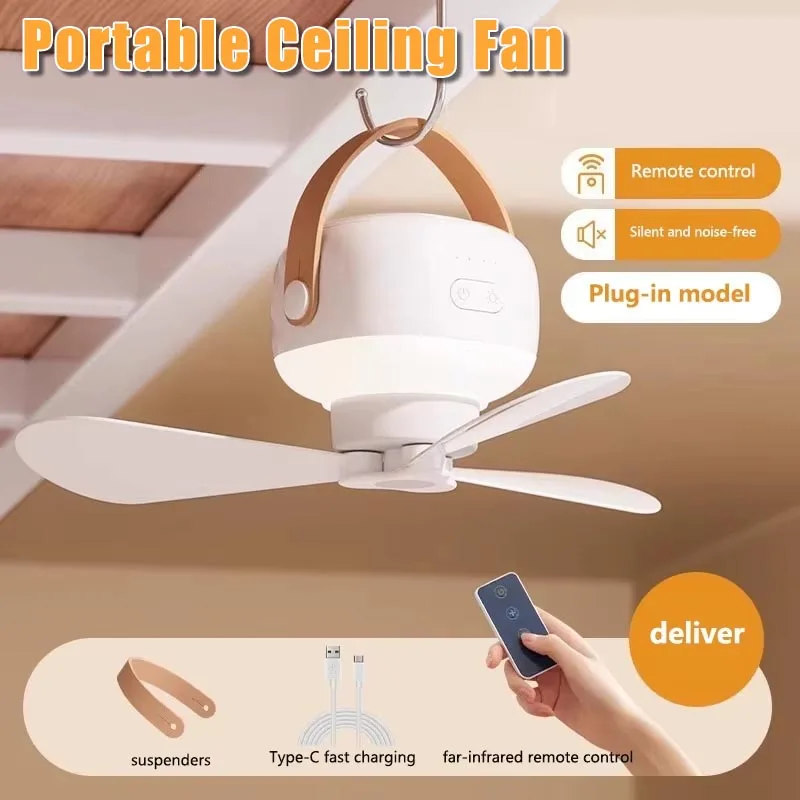 2026 Neuer Elektrischer Ventilator für Camping und Zuhause, Zeltlüfter, Kühler, 7200mAh Wiederaufladbarer Tragbarer Deckenventilator mit Fernbedienung und LED-Licht Image