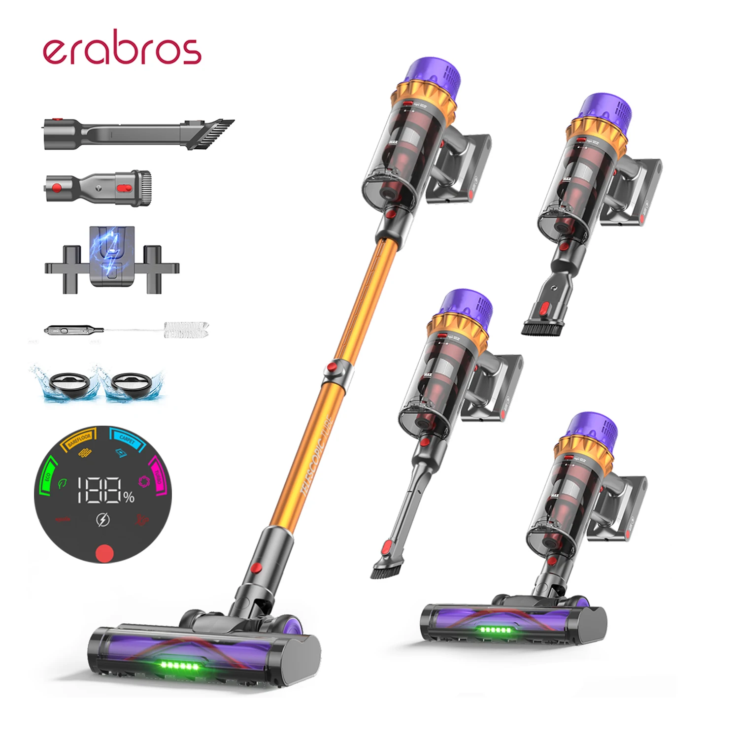 Erabros EV5 70KPA Ultra-Starker Kabelloser Staubsauger 550W 80 Minuten Laufzeit Drahtloser Staubsauger mit 4 Modi & Smart-Display