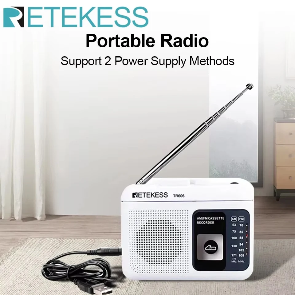 Retekess TR606 Weiß Kassettenwiedergabe Radio FM/AM Tragbarer Diktiergerät unterstützt integrierte/externe Mikrofonaufzeichnung USB C Image