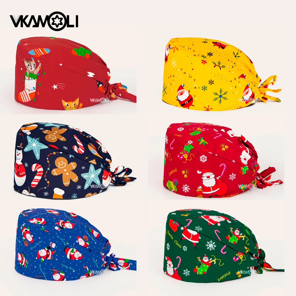 Weihnachten Scrubs Caps Pet Shop Hüte Beauty Reinigungskappe Großhandelspreise Baumwolle Haustierpflege Krankenpflege Scrubs Arbeitskappe Image