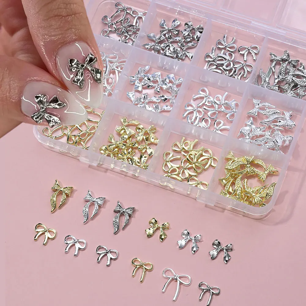 96 Teile/schachtel Gold/Silber Aolly Band Bogen Nagel Charms 12Grid 3D FlatBack Bowtie Nail art Dekorationen Luxus Metall bowknot Maniküre Image