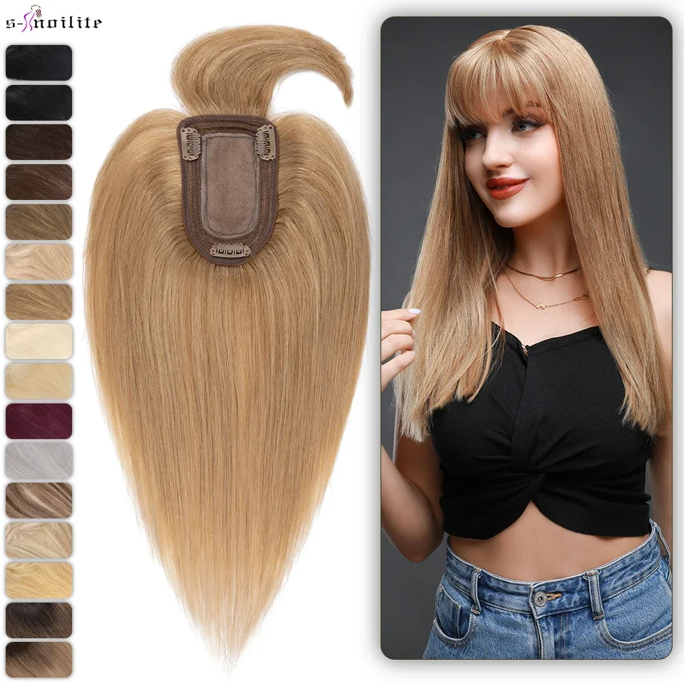 S-noilite Damen-Topper, Haar mit Pony, Echthaar, 7 x 13 cm, Seidenbasis, Haarspange, Perücke, Clip-in-Haarverlängerungen, Haarteil, natürliches Haar Image