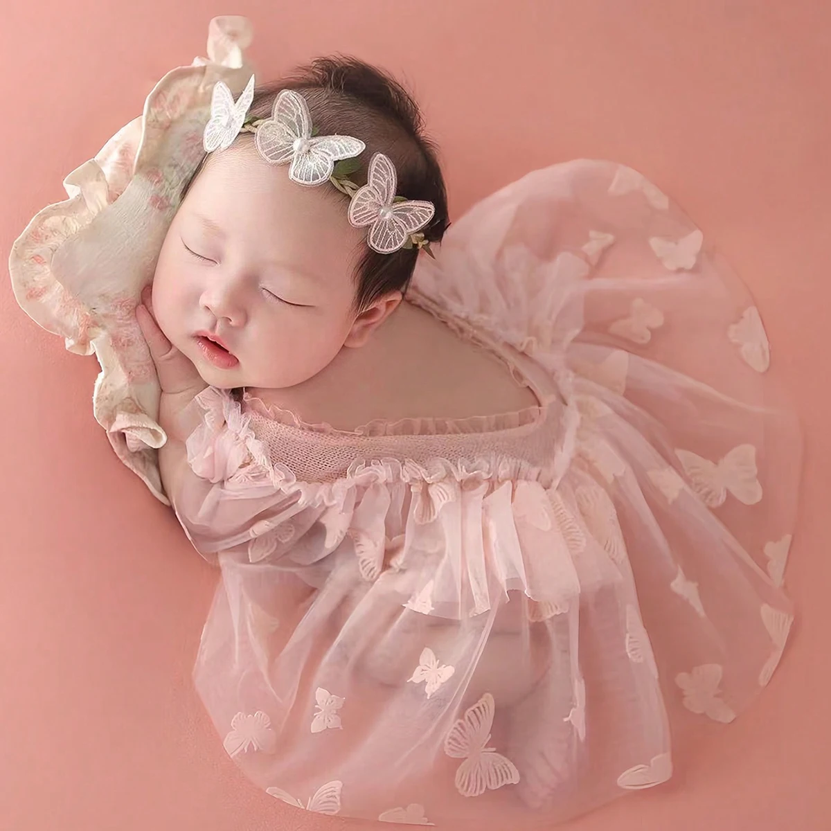 2-teiliges Set für Neugeborene Mädchen Fotoshooting-Outfits Baby Mädchen Netzkleid Strampler mit Stirnband Hundert-Tage-Fotodreh-Outfits Requisiten Image