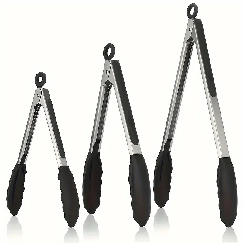 3 Größen Verfügbar Robuste Edelstahl-Küchenzange mit Silikonspitzen Hochhitzebeständig Verriegelndes Design Sicherer Griff Image