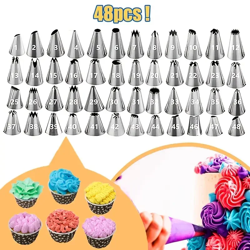 48 Stück kleine Rohrdüsen – Kuchendekorationsspitzen aus Edelstahl für Buttercreme, königliche Zuckerguss-, Cupcakes- und Kekse-Backgebäckwerkzeuge Image
