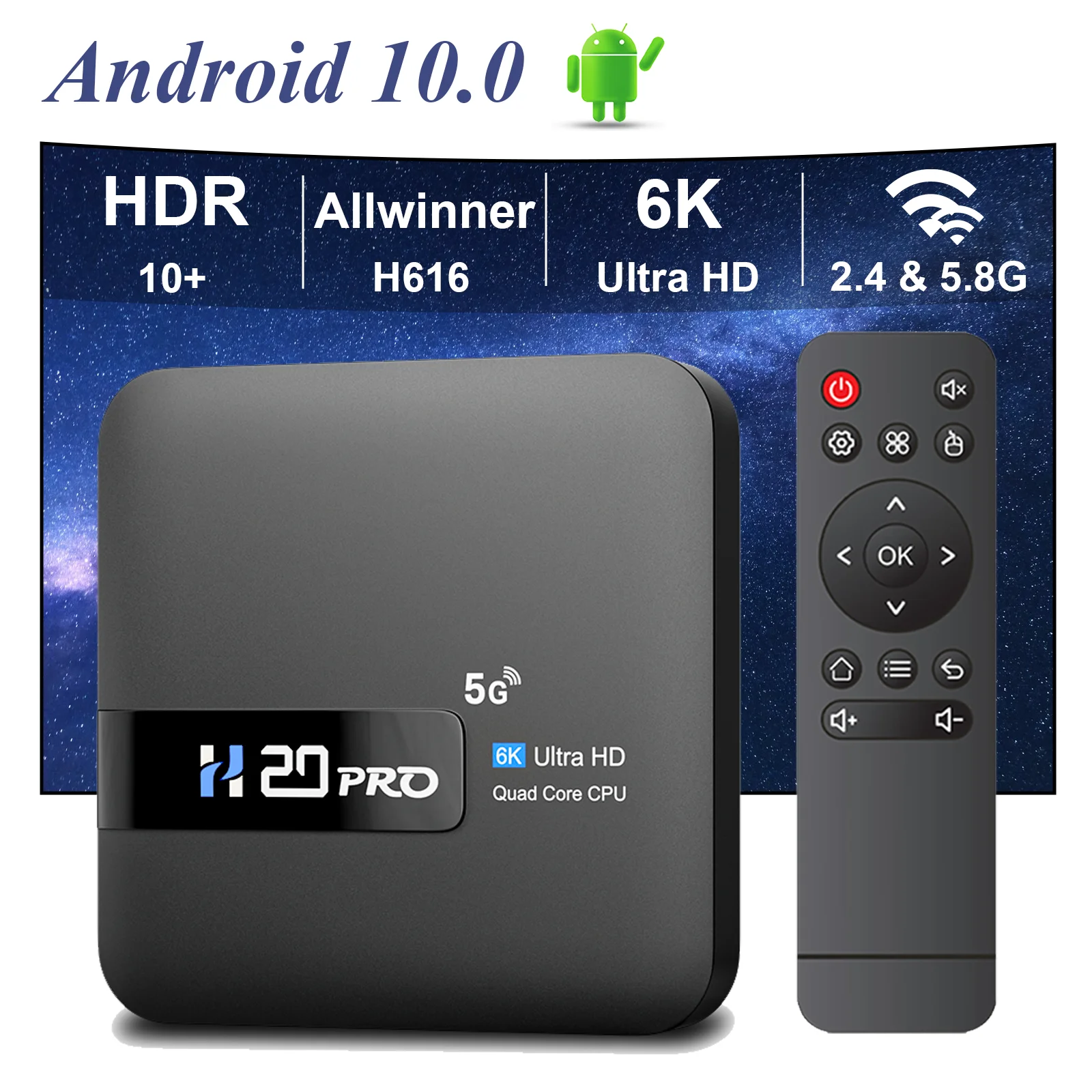 H20pro android tv box android 10,0 2gb 16gb 2.4 & 5g wifi 4k media player tv box android play store sehr schnell 1080p set top box Image