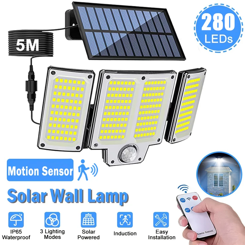 234/280 LED-Solarleuchten für den Außenbereich, Bewegungsmelder, Solar-Flutlichter, wasserdicht, solarbetrieben, Sicherheits-Spot, Garten-Wandleuchten