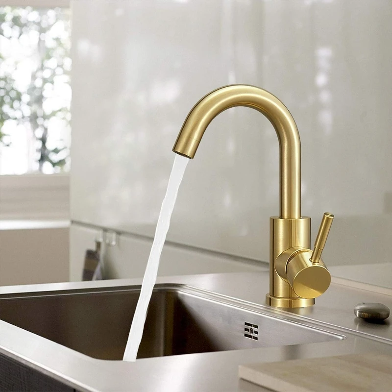 Goldener Waschbecken-Wasserhahn aus Edelstahl, heißes und kaltes Aufsatzwaschbecken im europäischen Stil, Badezimmer, gebürstetes Gold, kleiner gebogener Wasserhahn
