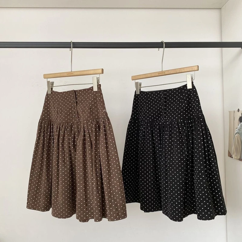 Deeptown Vintage Cord Rock Frauen Koreanischen Stil Polka Dot Braun Röcke Harajuku Elegante Herbst Winter Casual Rüschen Röcke