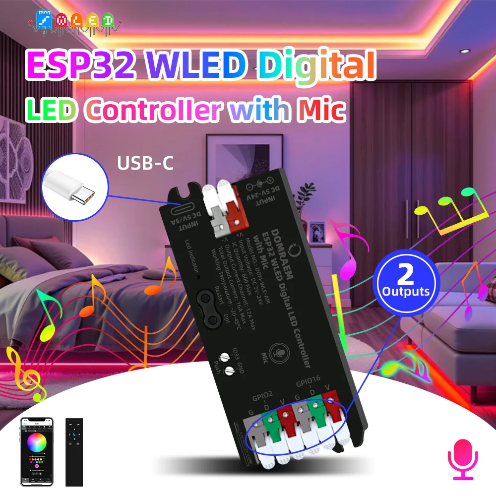DOMRAEM ESP32 WLED WiFi Digitaler LED-Streifen-Controller mit Mikrofon USB-C Unterstützt WS2811 /2812B /2805 RGB IC Kompatibel mit HA MQTT Alexa Image