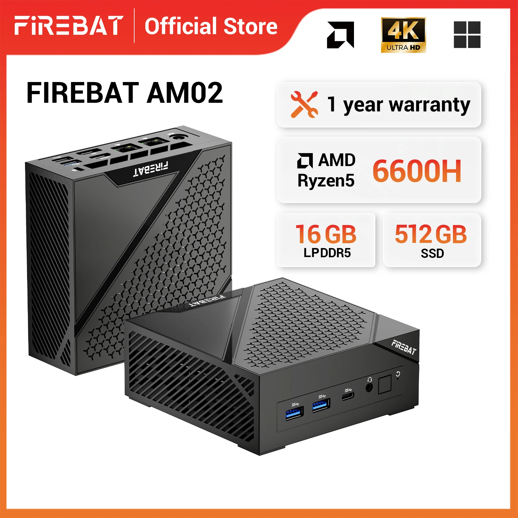 FIREBAT AM02 MINI PC AMD Ryzen 5 6600H LPDDR5 16 GB 6400 MHz RAM M.2 512 GB SSD WIFI6 BT5.2 Tragbarer Windows11-Desktop-Computer