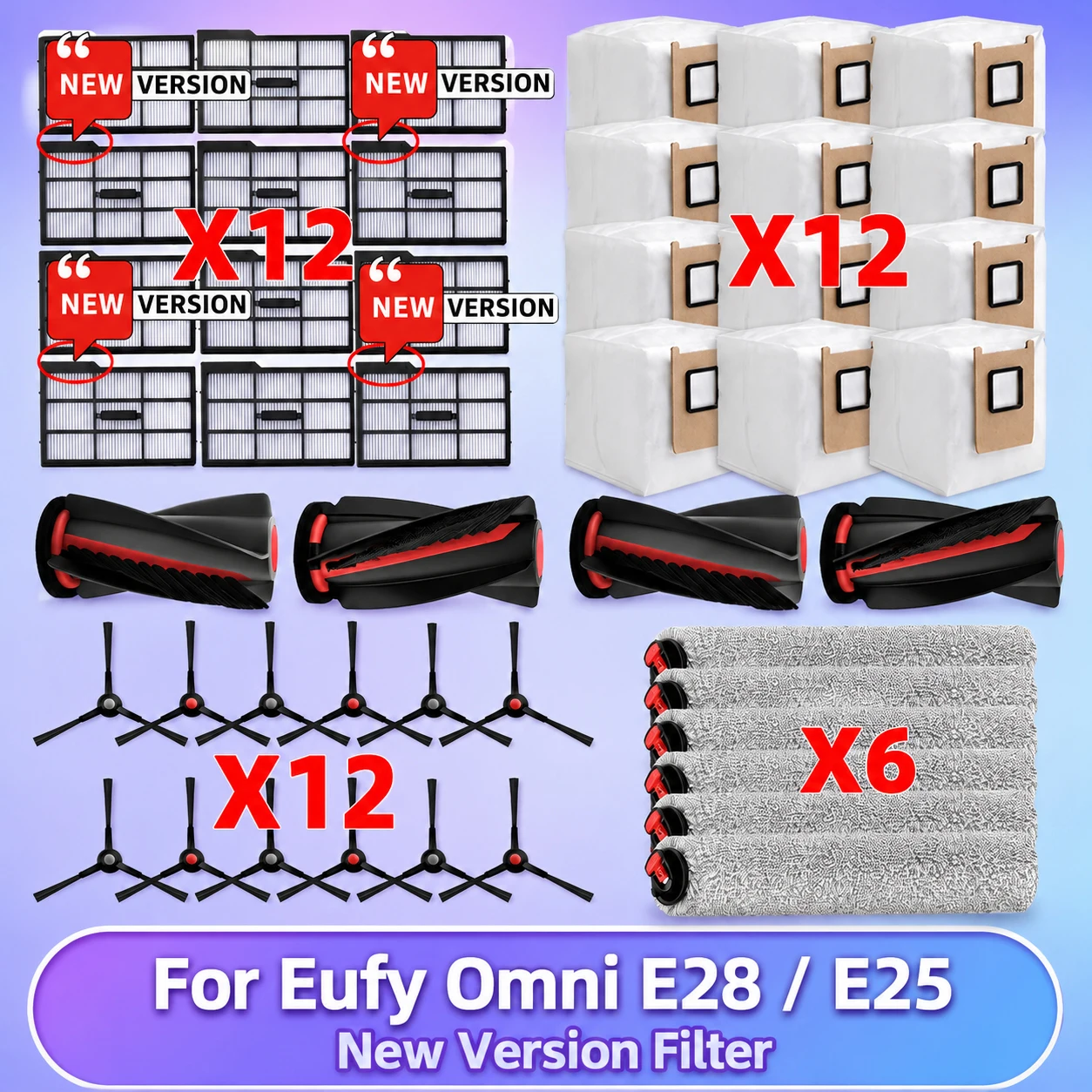 Kompatibel für ( Eufy Omni E25 / E28 ) Staubsaugerteile 【Neuer Filter】 Hauptbürste Walze Seitenbürste Wischlappen Staubbeutel Zubehör Image