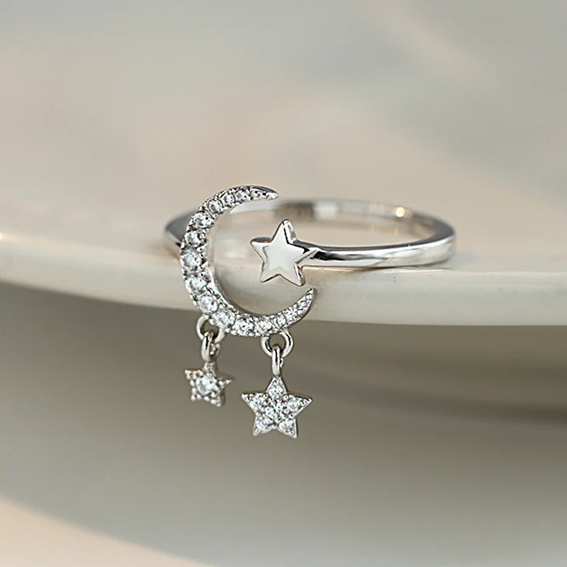 Neue Koreanische Zirkon Sterne Mond Quaste Ringe Für Frauen Silber Farbe Minimalistischen Blätter Feder Einstellbare Finger Ring Schmuck Image