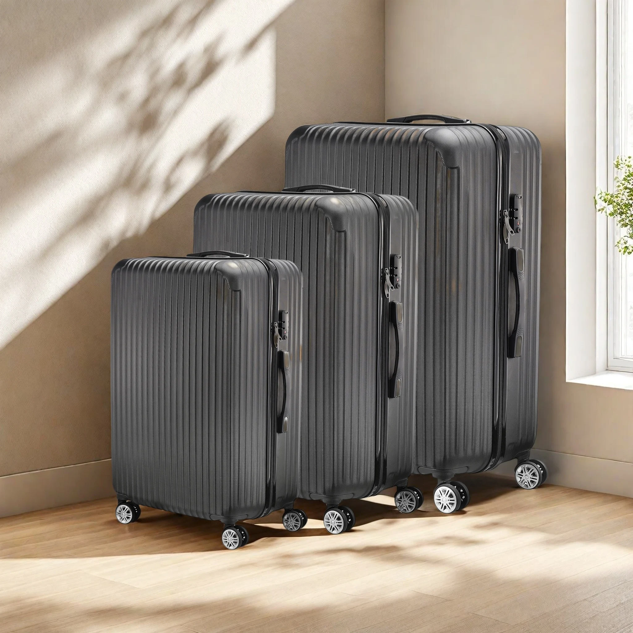 3er-Set Kabinenkoffer, Reisekoffer Set, Koffer Reisekoffer Trolley, Hartschalen Koffer Set aus ABS, Größe 20+24+28cm, Gepäckset mit Teleskopgriff, Schwarz