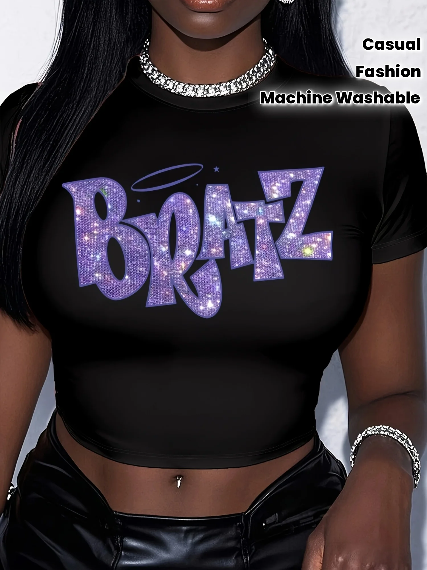Frauen Y2K Crop Top Schwarz T Bratz Schriftzug Gedruckt frauen T-shirt Mode Hip Hop Streetwear Y2k Kleidung Party kleidung T