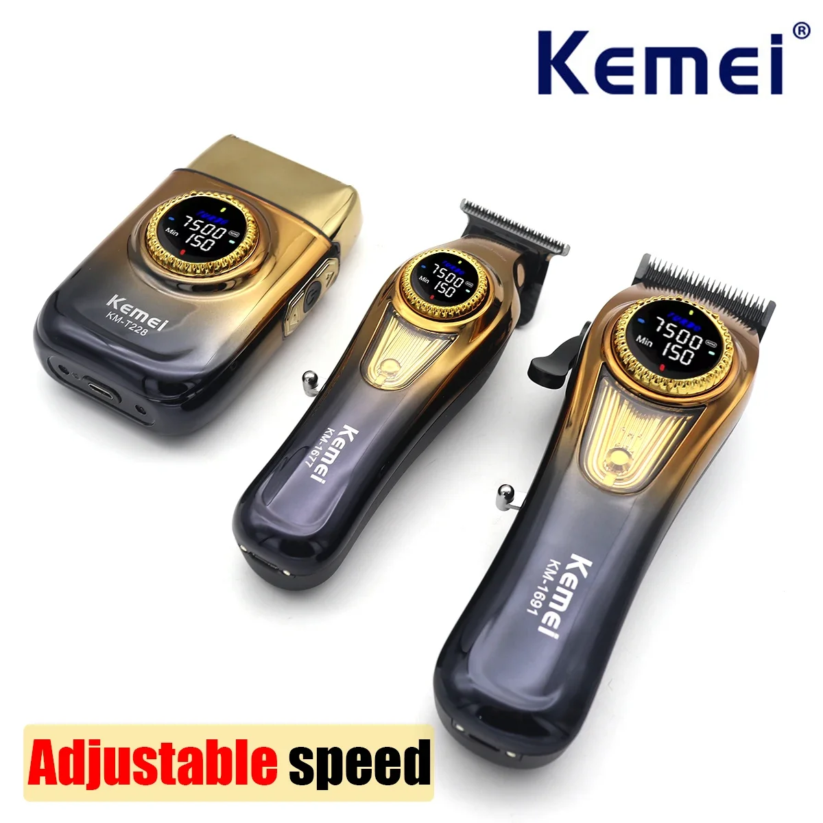 Kemei 1691 1677 T228 Professionelles Friseur-Schneidemaschinen-Set, Rotationsgeschwindigkeitseinstellung, LED-Anzeige, Herren-Haarschneidemaschine Image