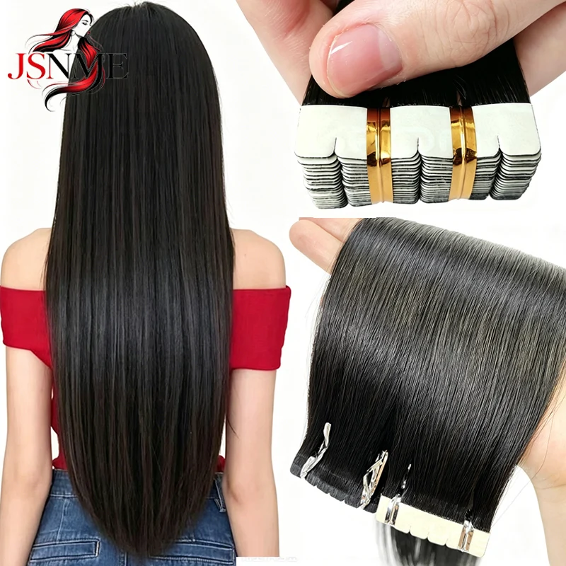 JSNME Mini-Tape-in-Haarverlängerungen, natürliches Echthaar, unsichtbar, gerade Tape-Ins, Remy-Echthaar, Schwarz, Braun, Blond, für den Salon Image