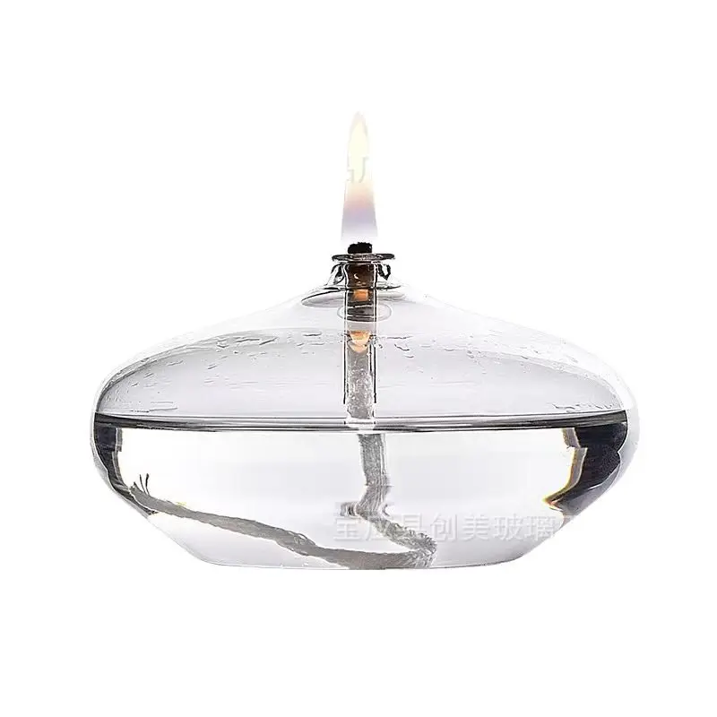 Handgefertigte flache Öllampe aus transparentem Glas mit Kerzenhalter, mit leichtem Kern, kann als Tischkerzen verwendet werden, Weihnachtsdekoration bei