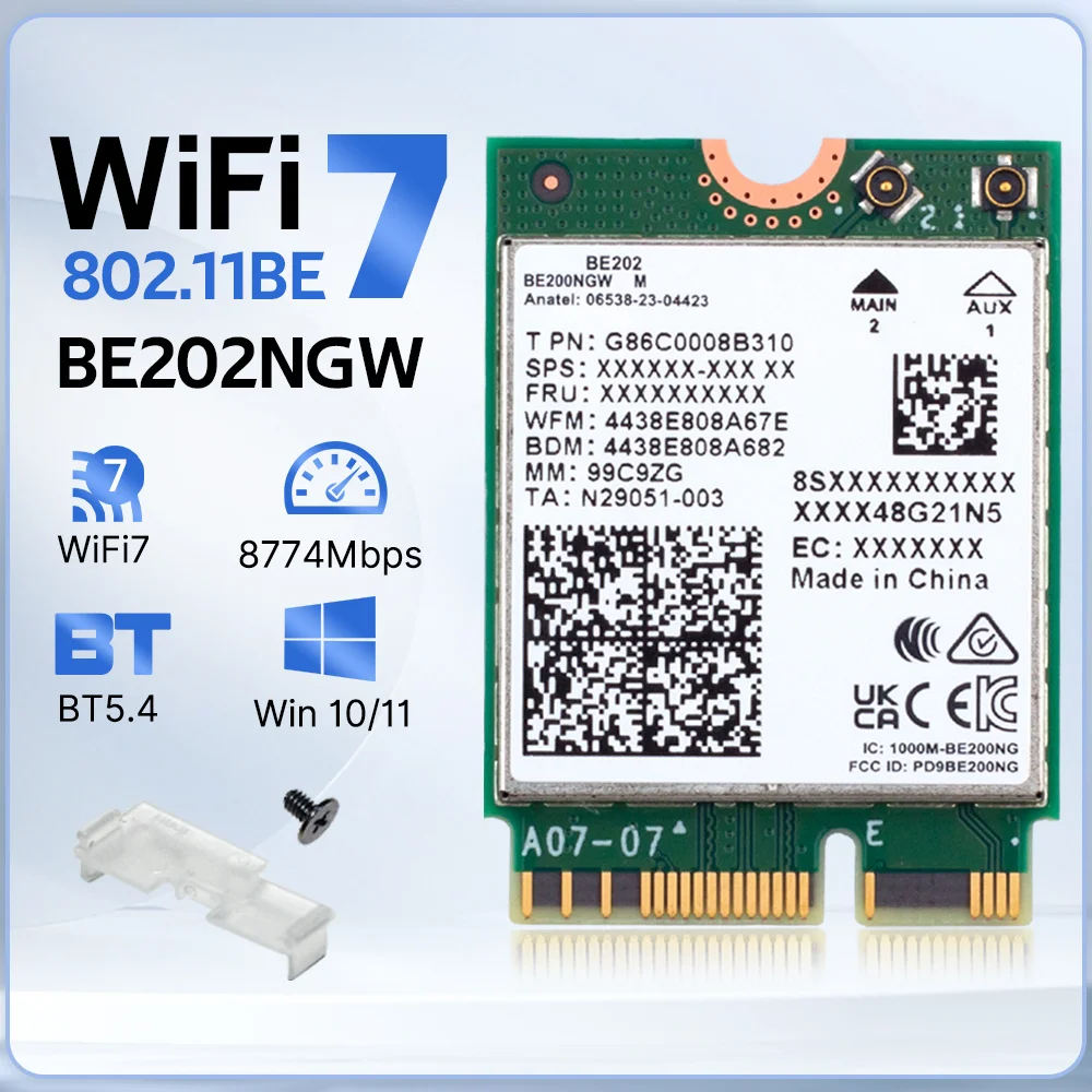 WiFi 7 für BE202 Netzwerkkarte M.2 Bluetooth 5.4 2400 Mbit/s Tri-Band 2,4 G/5 G/6 GHz BE202NGW WiFi 7 Wireless WiFi Adapter für Win0/11 Image
