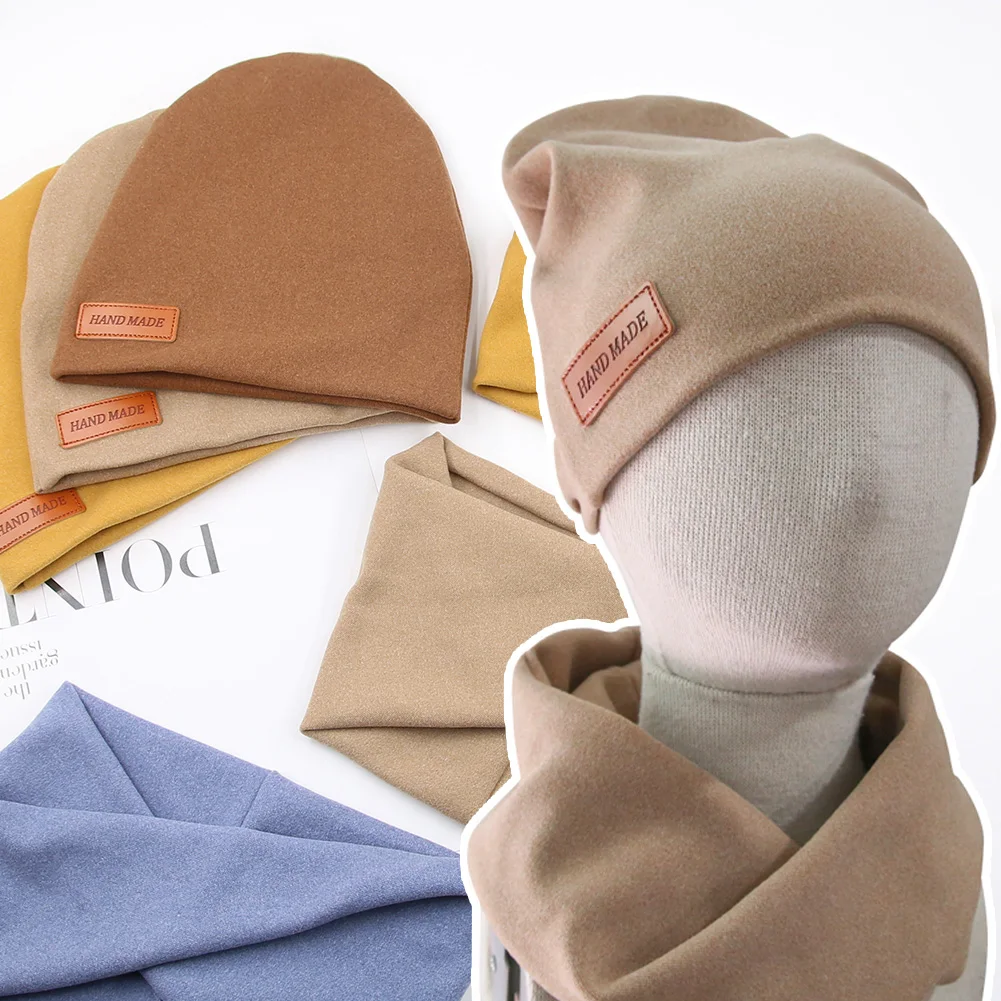 2 Teile/los Faux Kaschmir Baby Turban Hüte Schal Set Neugeborenen Kinder Leder Stick Winter Doppel Schichten Kappen Bonnets Mode Headwraps Image