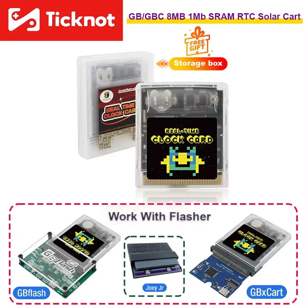 TicKnot wiederbeschreibbarer GB/GBC-RTC-Wagen, 8 MB, 1 MB SRAM-Flash-Karte für GB/GBC/Game Boy-Player, funktioniert mit Joey JR und GBxcart-Brenner Image