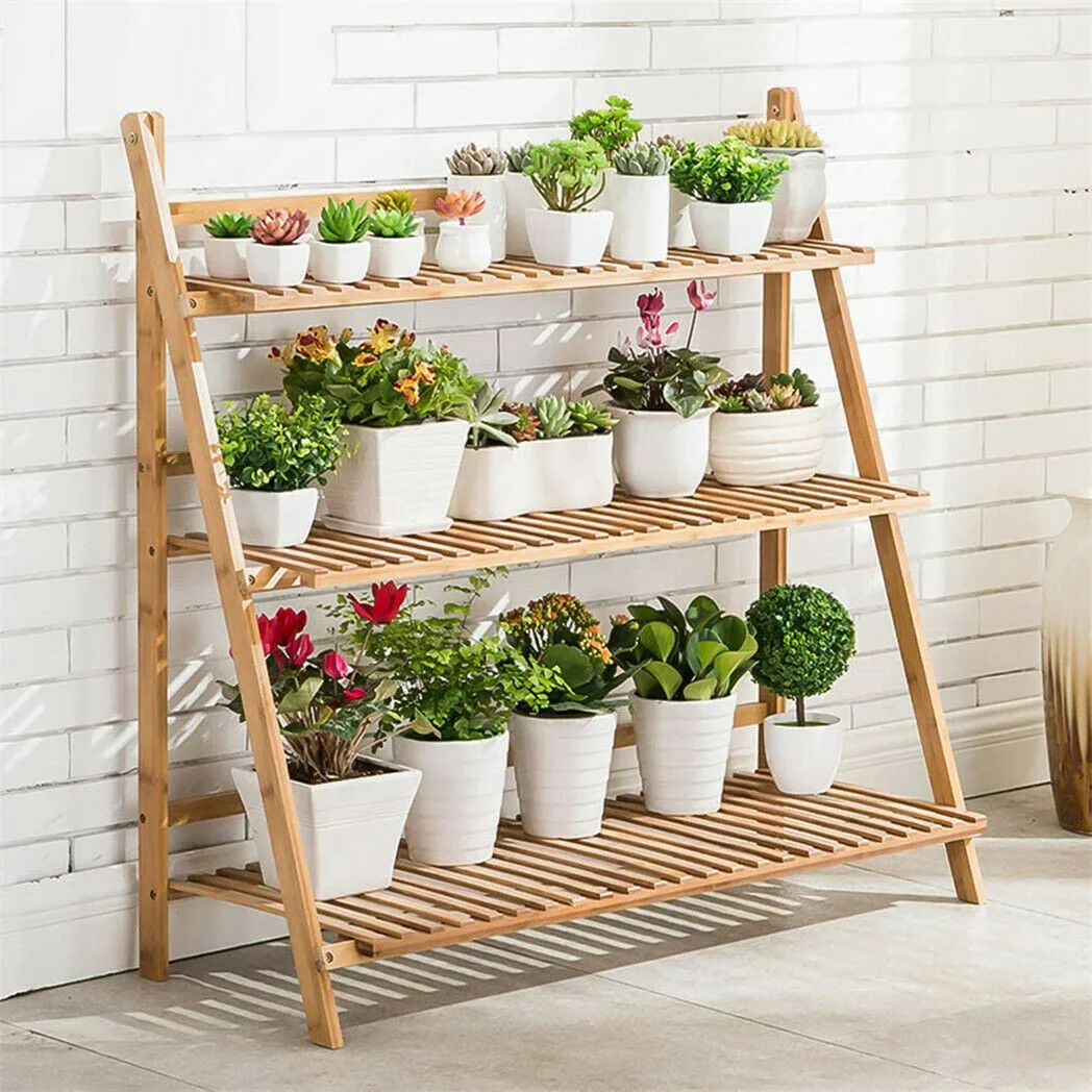 3-stufiges Bambus-Blumen- und Blumentopfregal, Ständer, Präsentationsladder, Gartenregal, Halter, Aufbewahrung für drinnen und draußen Image