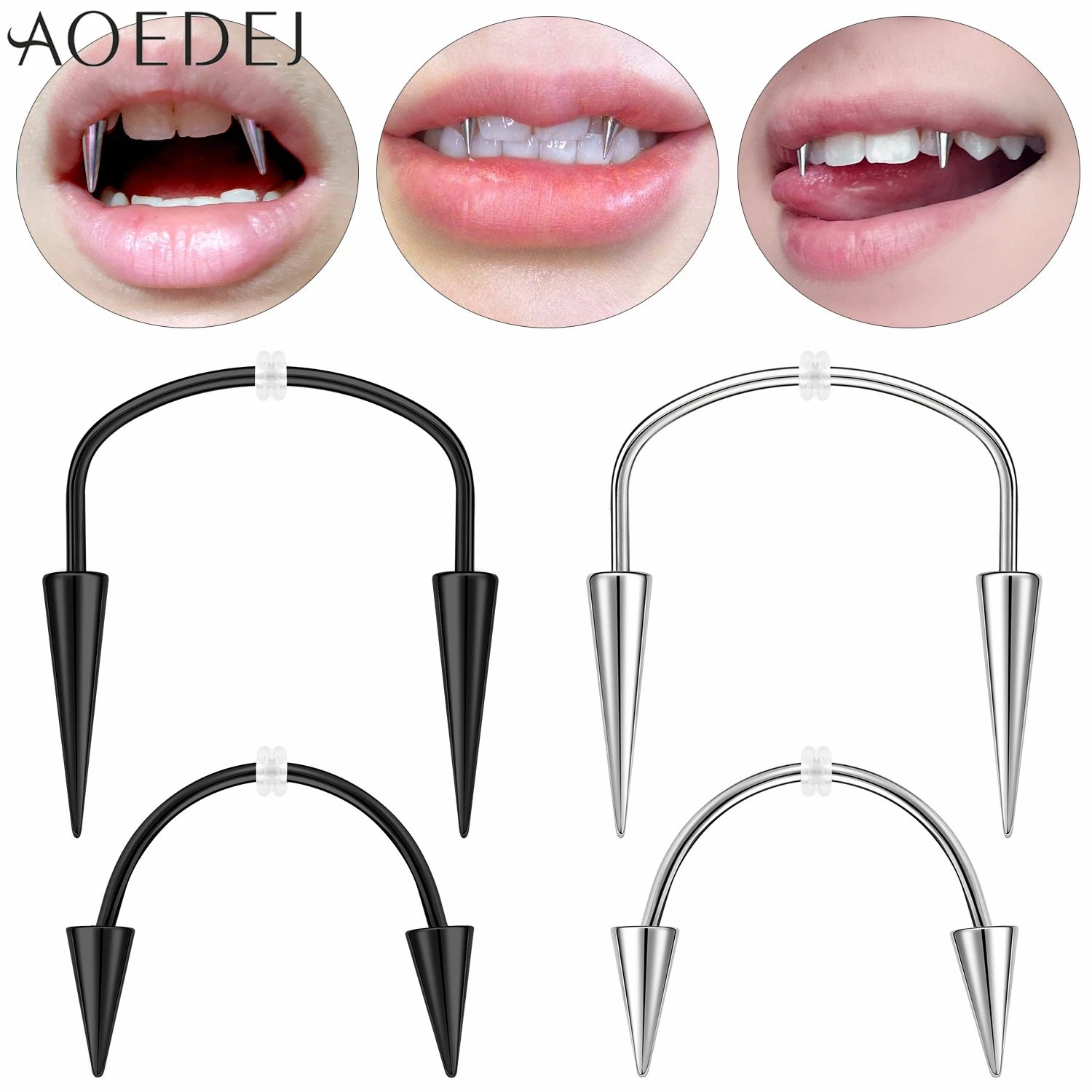 AOEDEJ 2 teile/los 16G Spike Edelstahl Lip Stud Frauen Männer Halloween Lippen Piercing Kegel 2 Farben Smiley Piercings Fang 19/22 MM Image
