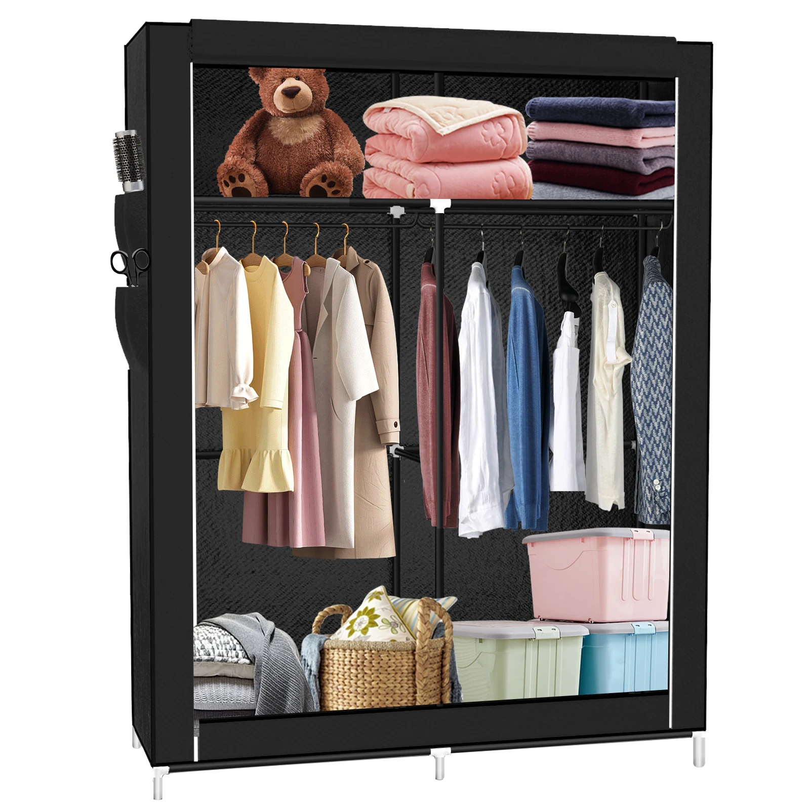 Faltbarer Aufbewahrungsschrank 108x45x170 cm, Kleiderschrank aus Vliesstoff mit Reißverschluss, Kleiderschrank schwarz/grau