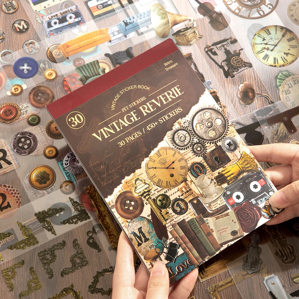 30 Blatt Vintage Industrial Sticker Book 450+ Stück langlebige PET Gear Clock Decals für Bullet Journals Scrapbooking Planer Dekor Image