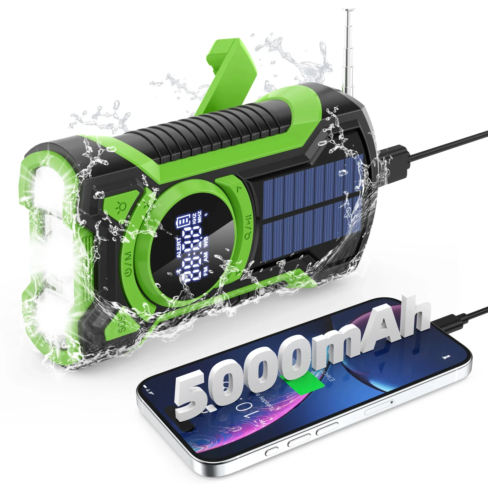 Notfallradio, Handkurbel, Solar, 5000 mAh, IP65, wasserdicht, staubdicht, Bluetooth 5.3, tragbares AM/FM/NOAA-Wetteralarmradio Image